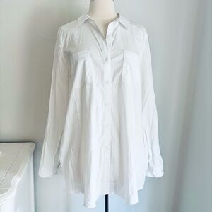 Crisp White Button Down Collared Tunic Side Pockets Pleat Back Cotton, Large